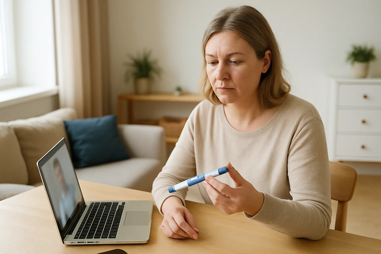 Frau am Esstisch betrachtet einen blau-weißen Injektionspen, vor ihr ein aufgeklappter Laptop mit unscharfem Videogespräch