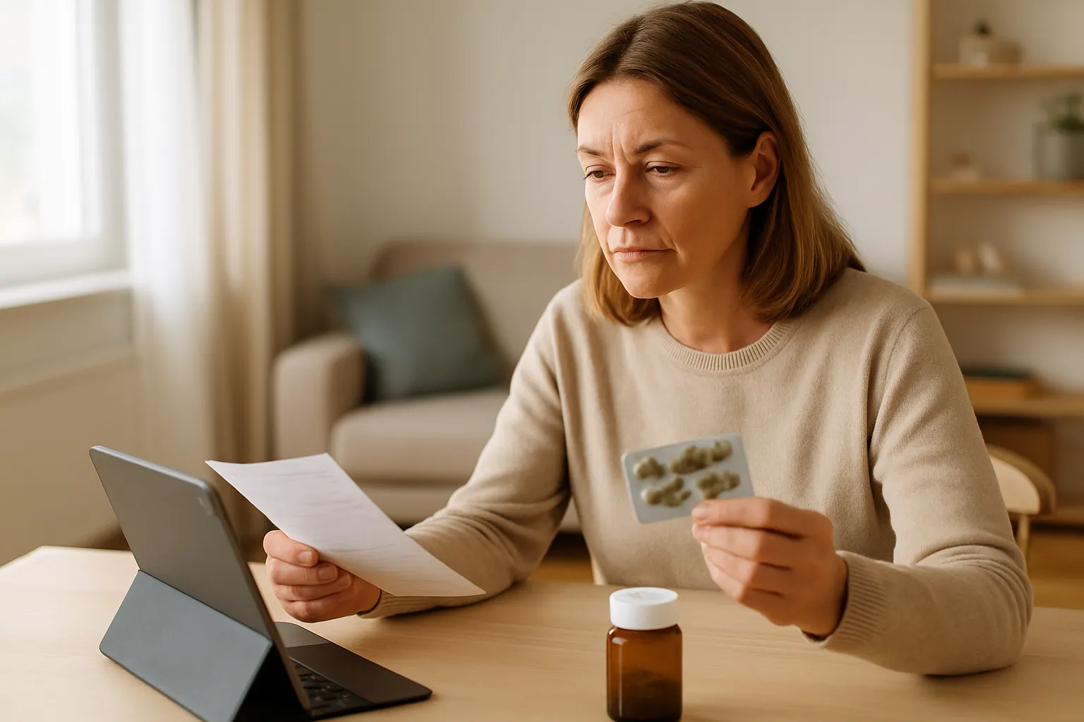 Frau sitzt am Tisch vor einem Tablet und liest nachdenklich ein Schreiben, in der anderen Hand eine Blisterpackung, davor ein braunes Medikamentenglas