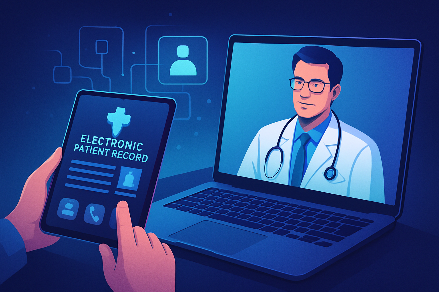 Arzt nutzt elektronische Patientenakte während einer Video-Sprechstunde auf einem Tablet