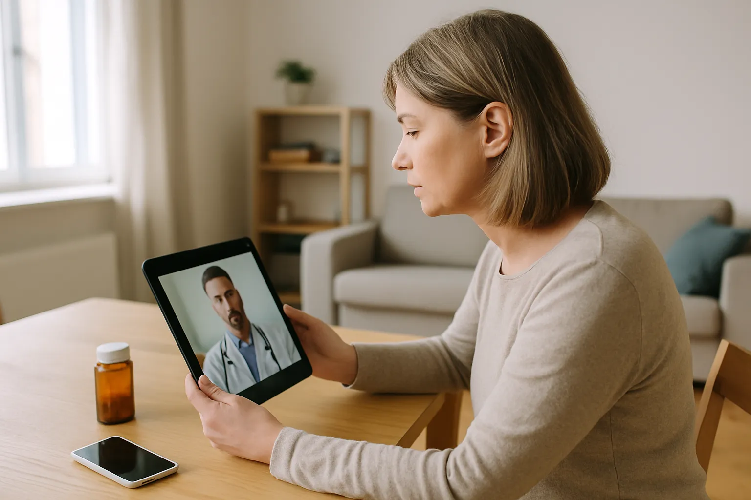 Frau sitzt am Esstisch und spricht per Tablet im Videogespräch mit einem Arzt, daneben ein Smartphone mit ausgeschaltetem Display und ein Medikamentenfläschchen