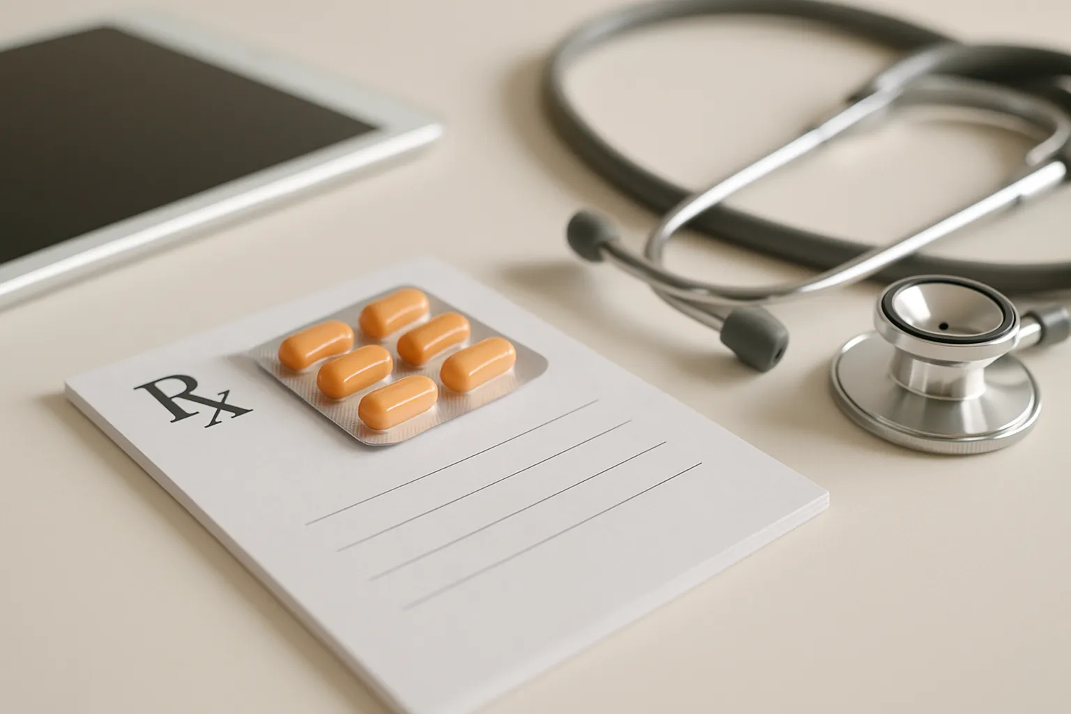 Rezeptblatt mit Rx-Zeichen und Tablettenblister neben einem Stethoskop und einem Tablet
