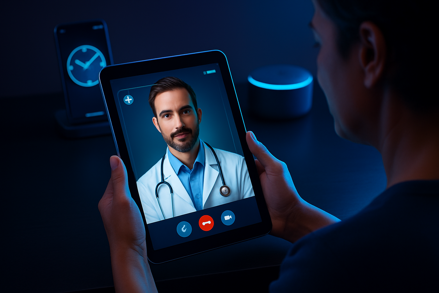 Patient nutzt nachts Telemedizin-Service für medizinische Beratung am Smartphone