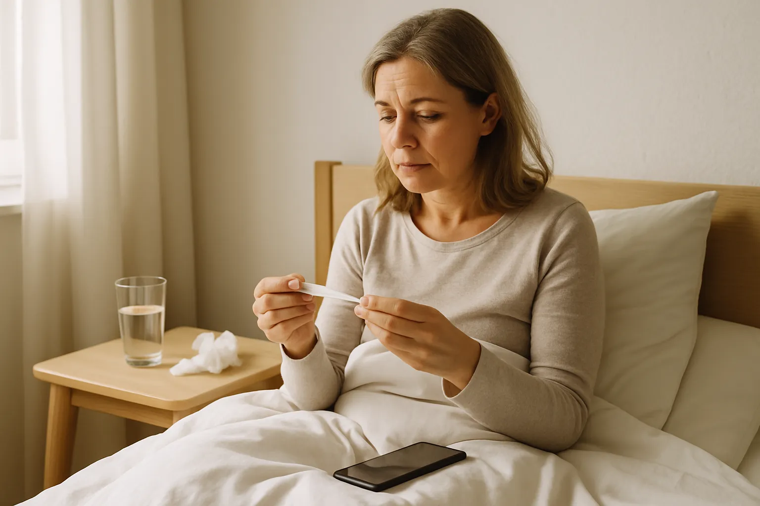 Erkältete Frau sitzt im Bett und liest ein Fieberthermometer ab, auf dem Nachttisch Wasser und Taschentücher