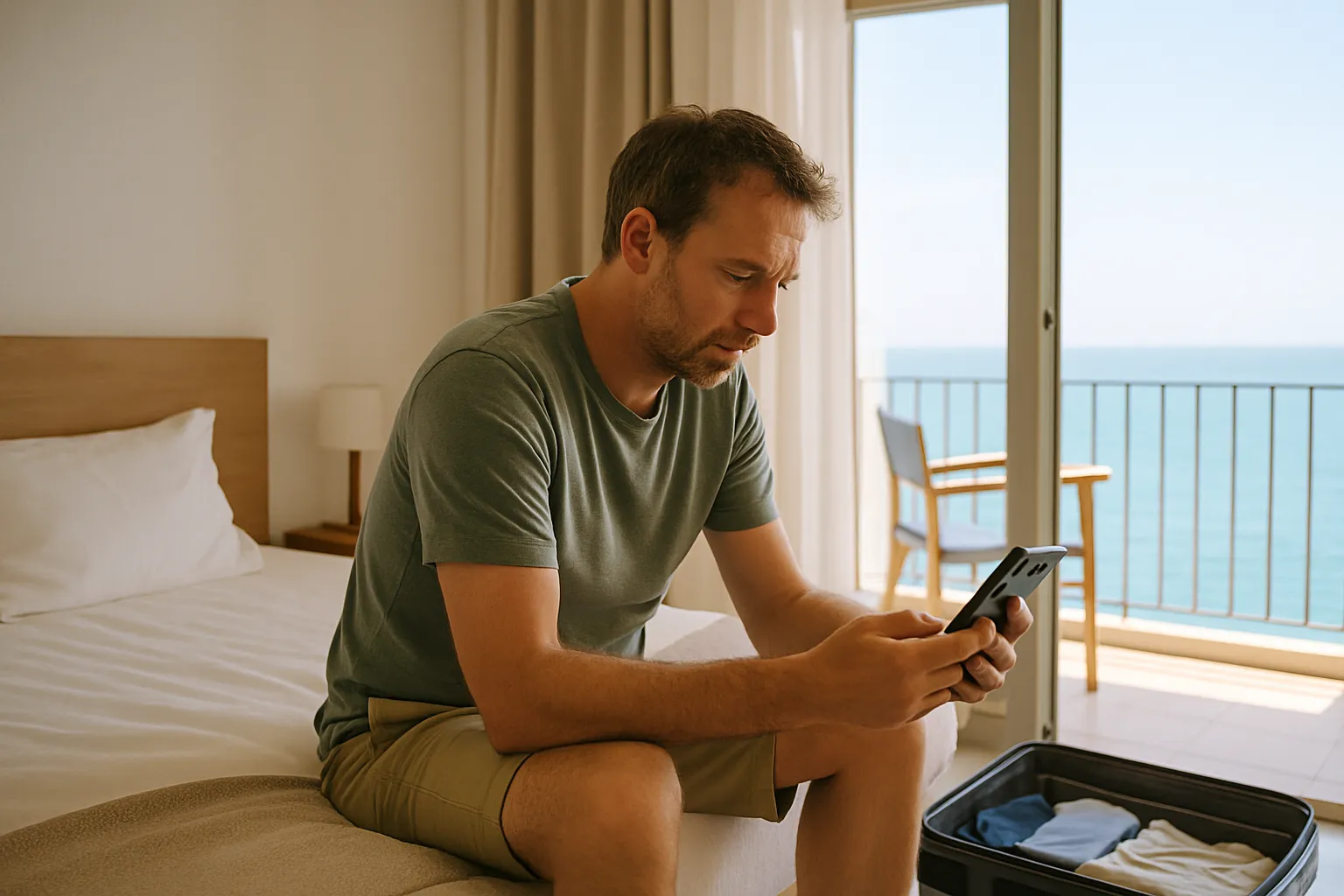 Mann sitzt in einer Ferienwohnung mit Meerblick auf dem Bett und schaut auf sein Smartphone, daneben ein offener Koffer