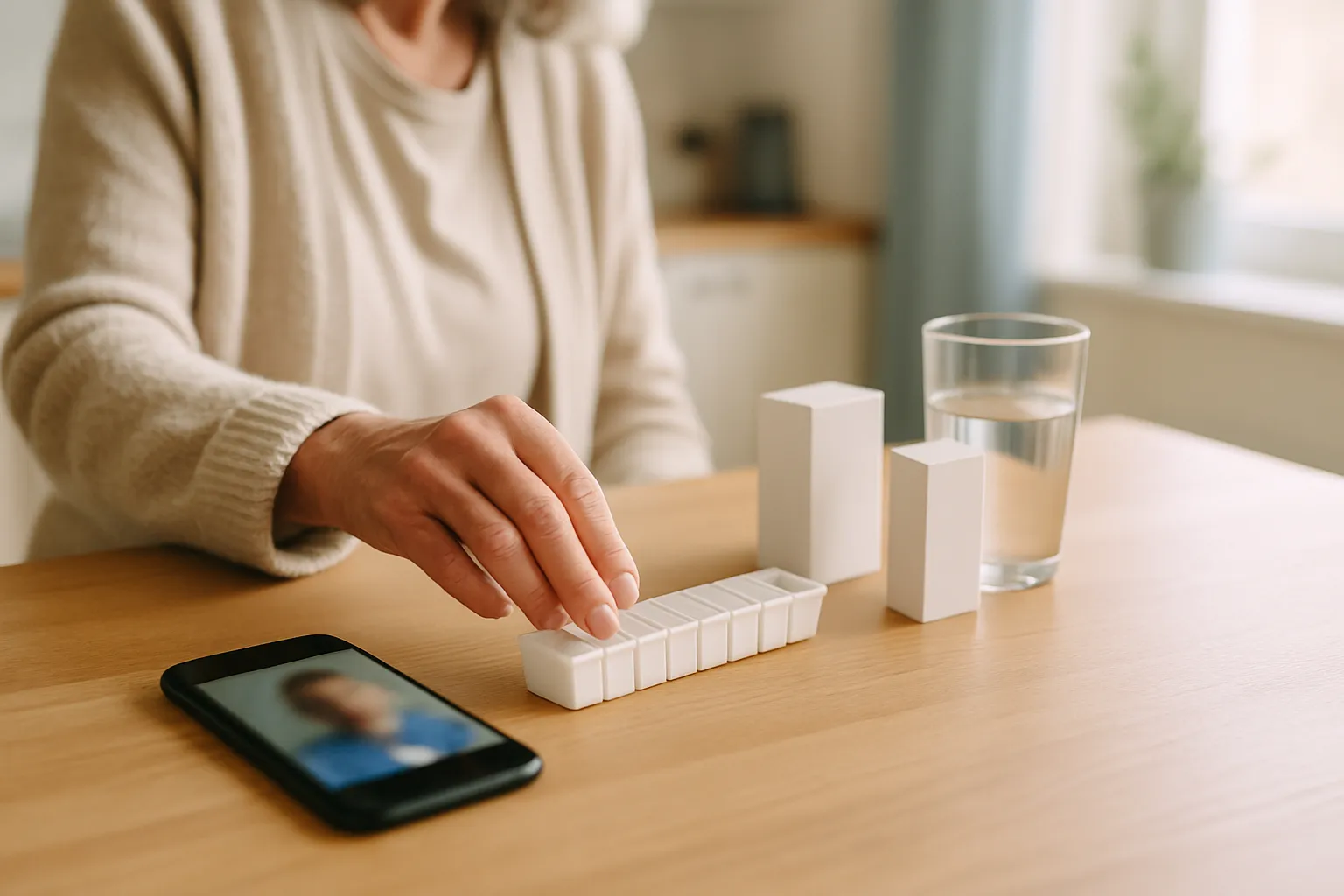 Hand an einer Wochen-Tablettenbox auf dem Küchentisch, daneben Medikamentenschachteln, ein Glas Wasser und ein Smartphone