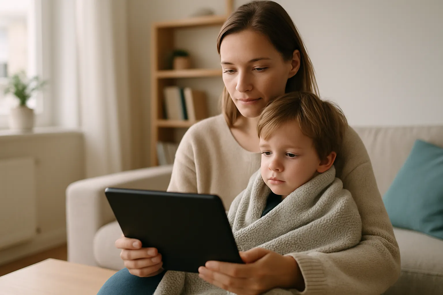 Mutter hält ihr in eine Decke gehülltes Kind auf dem Schoß, beide schauen auf ein Tablet