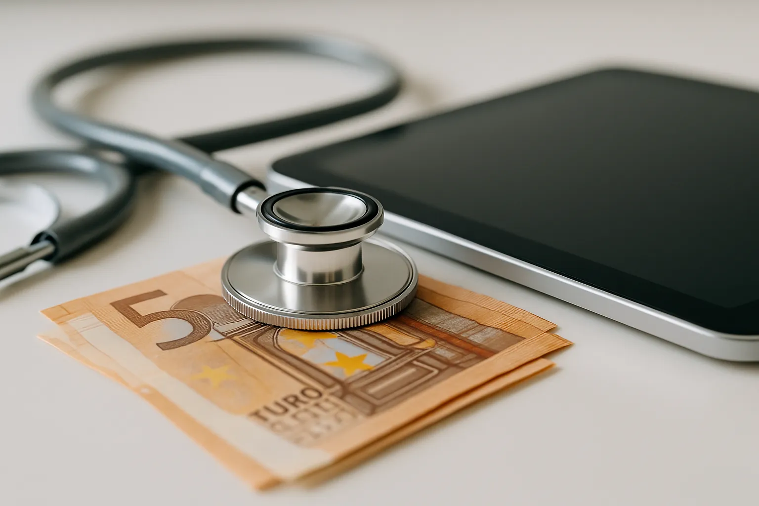 Stethoskop auf Euro-Geldscheinen neben einem Tablet